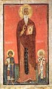Икона. Святые Иоанн Лествичник, Георгий и Власий. Вторая половина XIII века. Новгород. Дерево, две доски, следы первоначальных торцевых и тыльных шпонок, паволока, темпера. 108,7х67,5х3,4