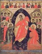 Икона. Сошествие во ад, с Деисусом и избранными святыми. Конец XIV –середина XV века. Псков. Дерево, две доски, две сквозные шпонки (поздние), паволока, темпера. 82х66х2,7